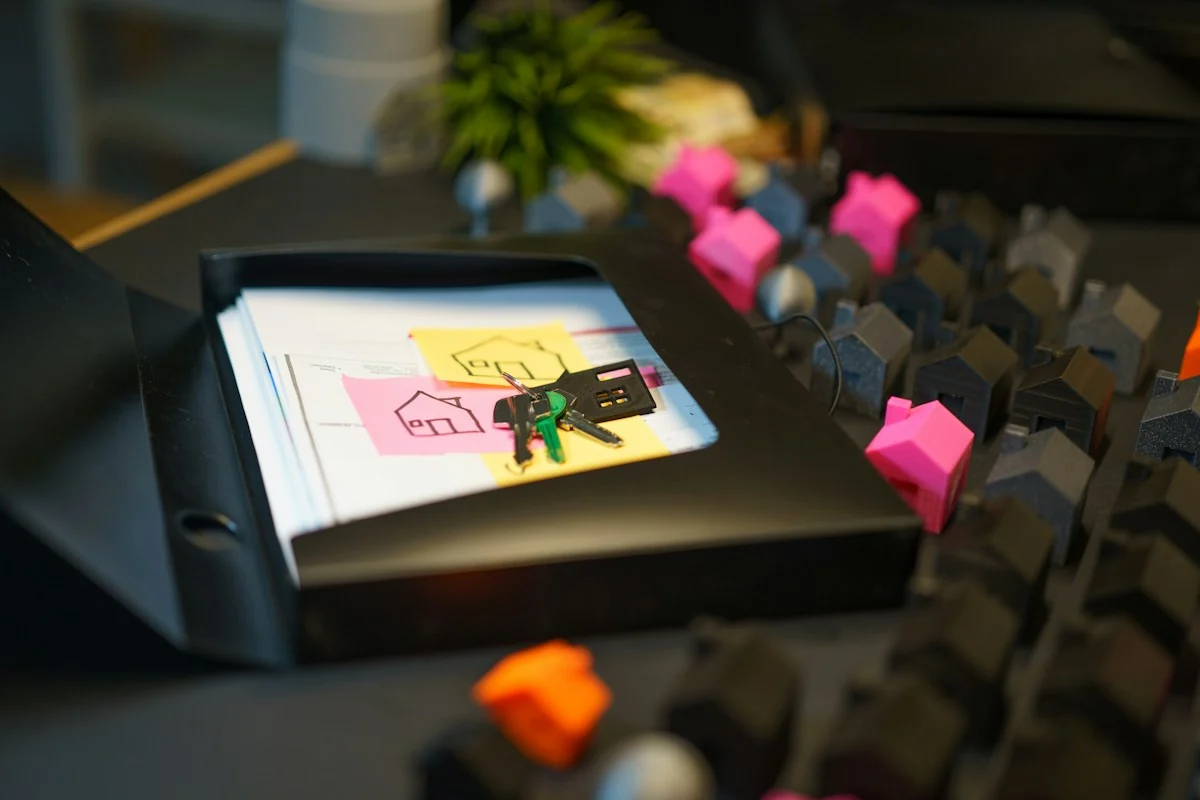 Property documents with house keys and miniature houses